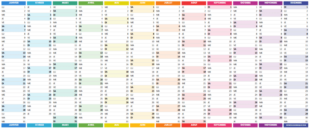 Calendrier de 2024 à imprimer gratuitement - PDF Excel et Image